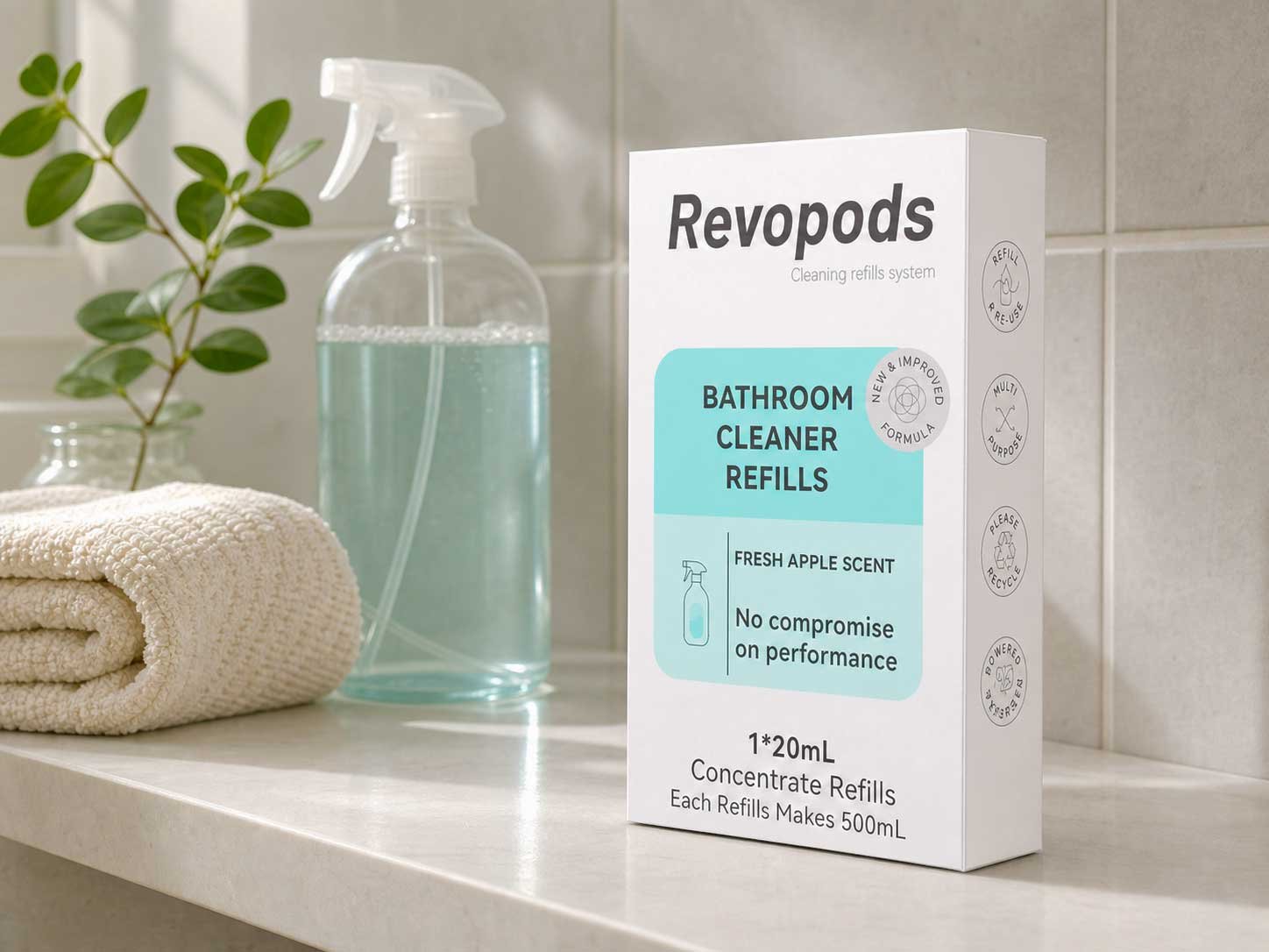 Revopods refill carton with a reusable spray bottle