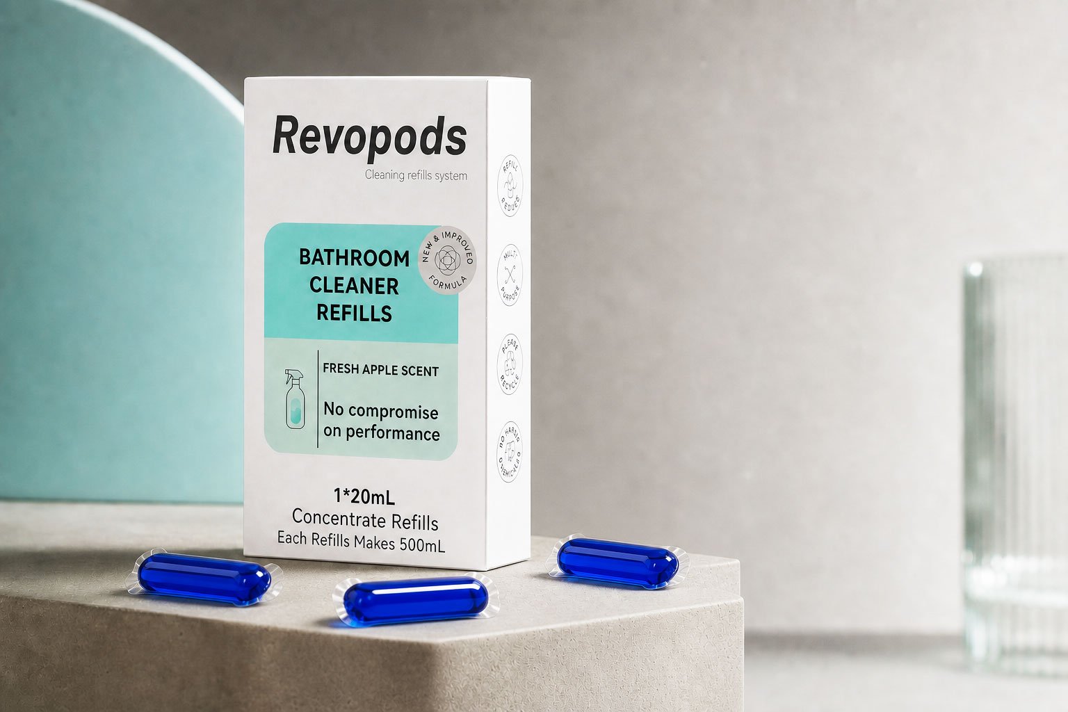 Bathroom cleaner refill pods displayed on a surface